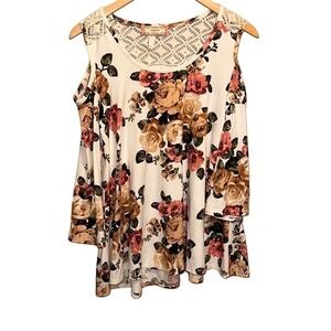 C’EST La Vie.it Cold Shoulder Bell Sleeve Lace Rose Floral SZ Medium Boho Multi